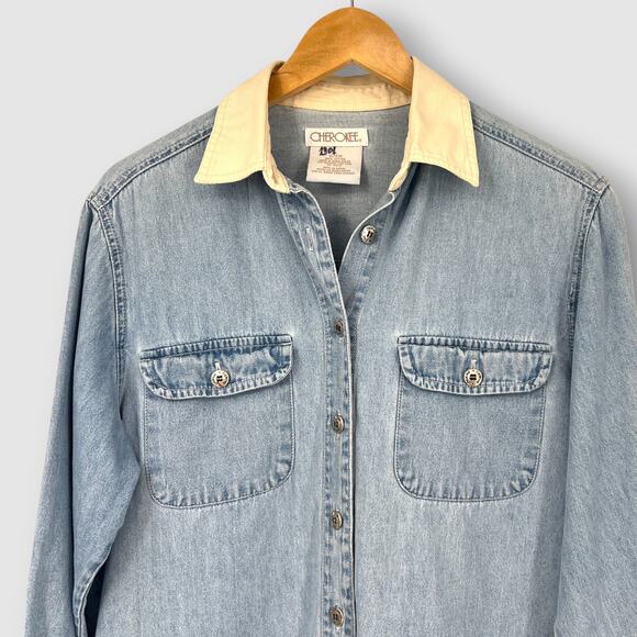 90s Vintage Cherokee Two-Tone Denim Shirt Long Sleeve Button Down Small - Picture 6 of 6